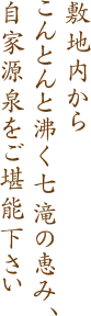 敷地内からこんとんと沸く七滝の恵み、自家源泉をご堪能下さい